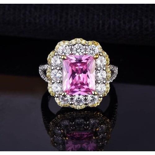 Luxury Two Color Flower Rings Inlay Square Pink Crystal Zircon Europe America Vintage Jewelry For Women Wedding,Anniversary Gift