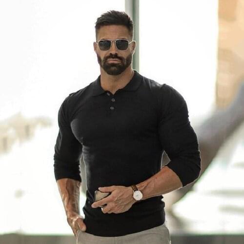 Muscle American POLO Shirt Mens New Sports Long Sleeve Lapel Breathable Fast Dry Mens Fitness Tights Running Training Clothes