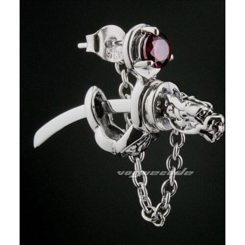 Rocker Fashion Dark Red CZ Stone Earring Solid 925 Sterling Silver Cool Mens Biker Dragon Japanese Katana Stud Earring 8M009