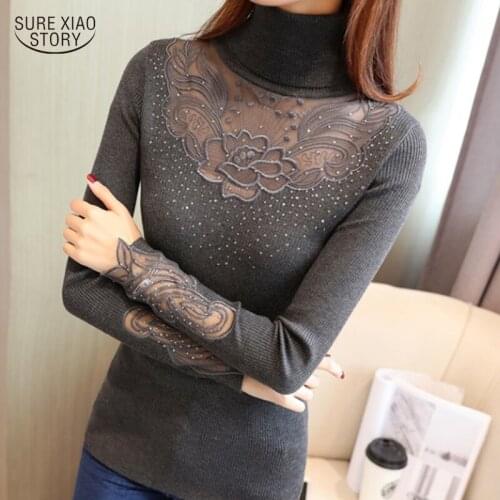 2021 Long-sleeved High-necked Womens Sweater Fall/winter Lace Bottoming Shirt Womens Slim-fit All-match Short Inner Top 16003