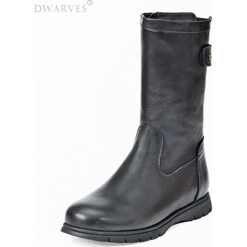 Womens Retro Leather Mid Calf Boots for Winter classic Martin boots Black