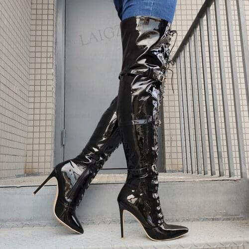 SEIIHEM Women Over Knee High Boots Side Zip Stiletto High Heels Buckle Straps Boots Party Cosplay Shoes Woman Big Size 39 43 48