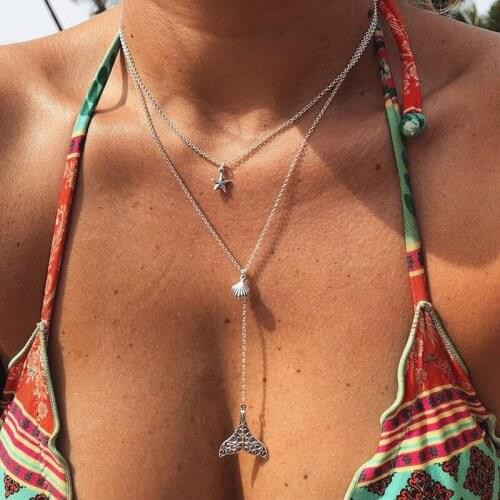 2 Pcs/Set Women Necklaces Fashion Starfish Shell Carving Pattern Mermaid Fishtail Pendant Silver Color Necklace Set Girl Jewelry