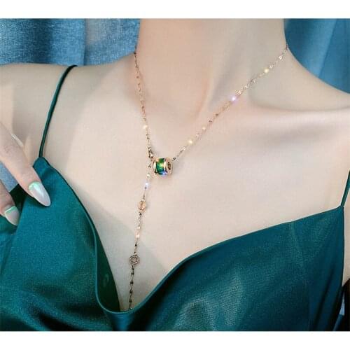 The Republic of Korea Simple Temperament Small Pretty Waist Green Zircon Necklace For Woman Stainless Steel Pendant Necklace