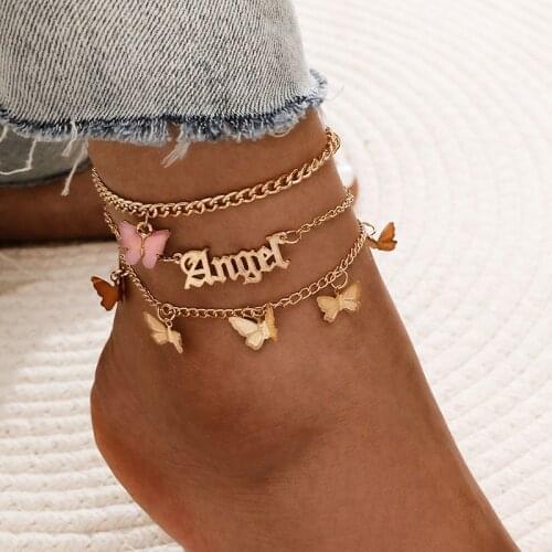 3 Pcs/Set Link Chain Butterfly Charm Ankle Bracelet for Women Angel Initial Charm Bracelets for Leg Anklet Jewelry Foot Chains