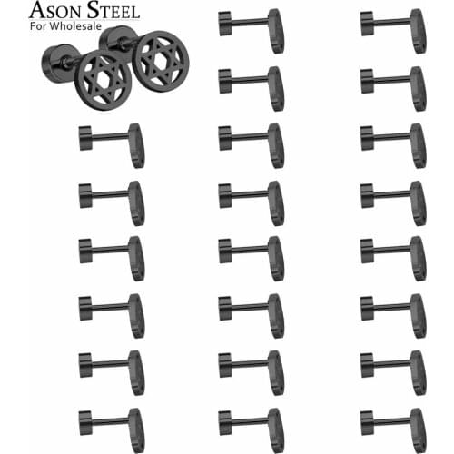 ASONSTEEL Gothic Jewelry 12Pairs/lot Stainless Steel Round with Five Star Gold/Silver Color Black Screw Stud Earring Sets