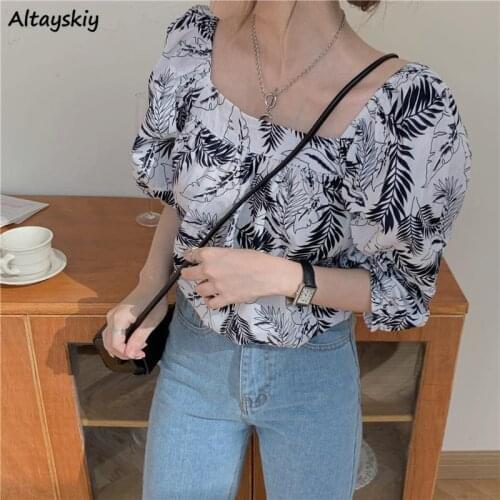 Blouse Women Leaves-printed Three Quarter Elegant Leisure Lady Tops Square Collar Street Lantern Sleeve Chic Clothes Elegant Ins