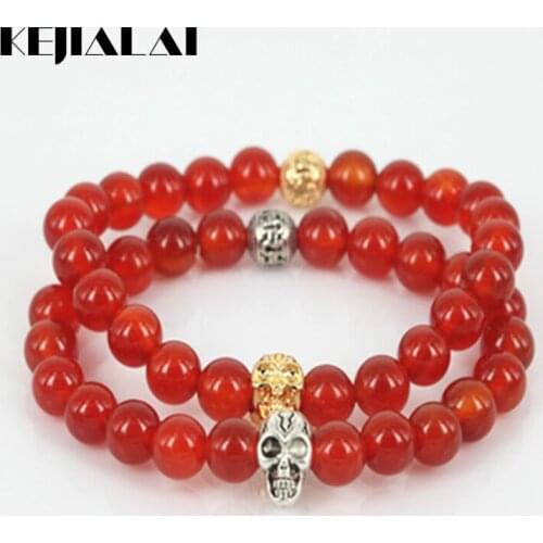 KEJIALAI Charm Natural Stone Bracelets Men Women Fashion Skull Head Bracelet 8mm Black Red Round Lava Stone Beads Bracelet A0464