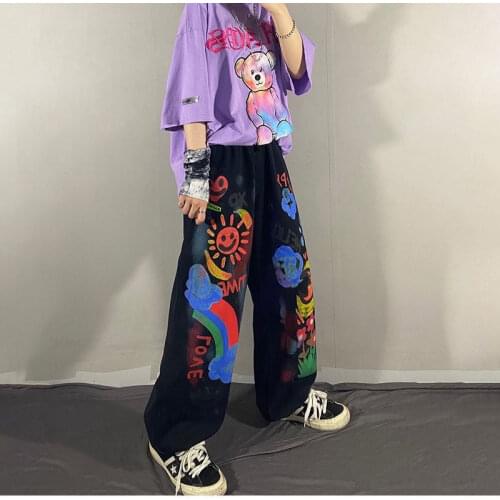Black Gothic Graffiti Summer Pants Harajuku Loose Pants Japan Loose Autumn Trousers Fashion Funny Straight Hip Hop Pants Women