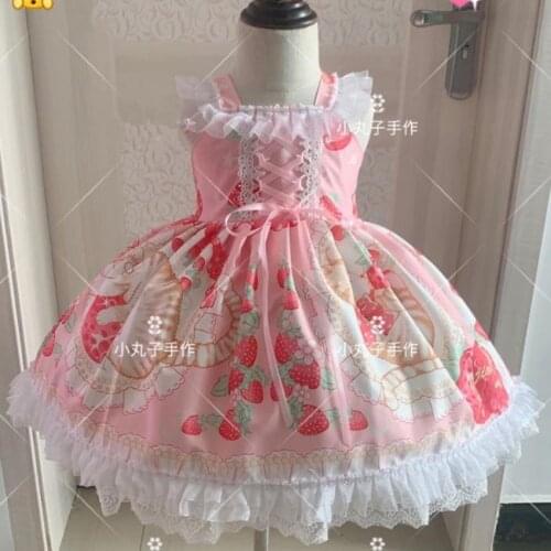 Baby girl summer vintage Spanish strawberry printed lolita dress kids sleeveless lace stitching ball gown dress