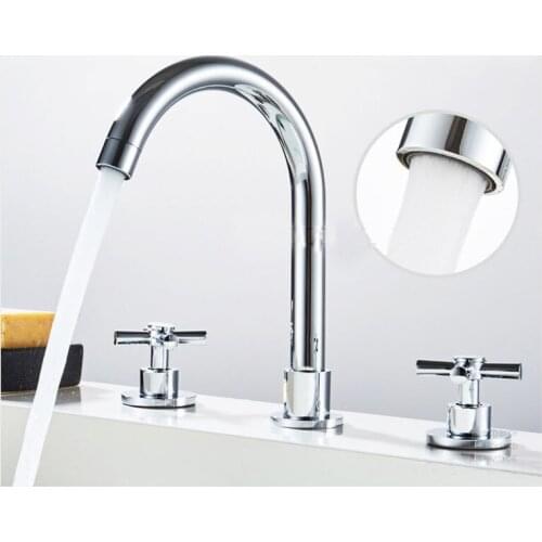 Deck Mounted Dual Cross Handle Three Holes Basin Faucet Hot and Cold Water Chromed Mixer Shengweisi G