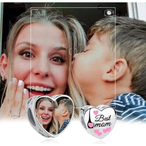 ELESHE Forever Love Best Mom 925 Sterling Silver Beads with Pink Enamel Heart Charm Fit Original Bracelet Custom Photo Jewelry