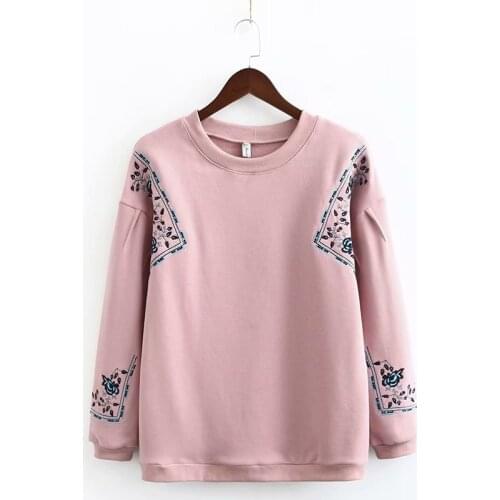 Plus size fleece women loose embroidery Sweatshirts 2021 new winter casual ladies O neck pullovers tops female pink hoodies