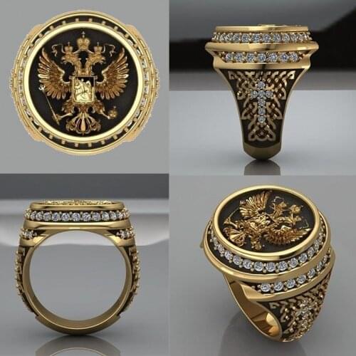 Punkboy Creative Gold Color Domineering Mens Double Eagle Head Crown Inlaid Crystal Rhinestone Metal Ring for Party Jewelry