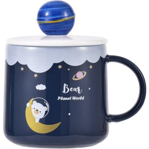 350mL Creative Cute Space Solar System Coffee Mug With Spoon And Lids Cartoon Milk Tea Juice Ceramic Cup Best Gift For Friend