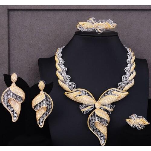 LARRAURI 4PCS Hot Luxury Belt Flowers Cubic Zirconia Choker Necklace Earring Dubai Jewellery Sets For Women Wedding Jewelry Sets