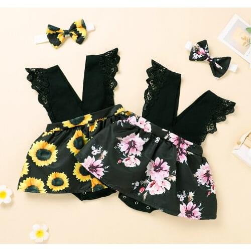 Lovely Romper Dress For Baby Girl Flower Printed 2Pcs Jumpsuits Skirt Ruffled Skirt Bodysuit with Headband Infant Casual Outfits