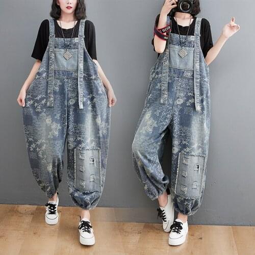 Fashion Ripped Jeans Pants Jumpsuit Womens Loose Suspenders Strap Printed Floral Overalls Denim Rompers Pockets Bleached Trouser