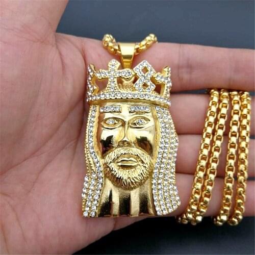 Hip Hop Big Jesus Head Pendants Necklaces For Men Gold Color Stainless Steel Chain Iced Out Rhinestone Male European Jewelry