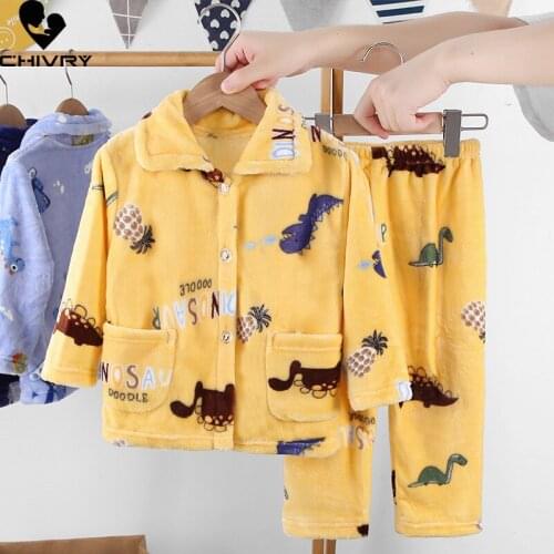 New Kids Boys Girls Autumn Winter Warm Soft Flannel Pajama Sets Cartoon Long Sleeve Lapel Tops with Pants Sleeping Clothing Sets