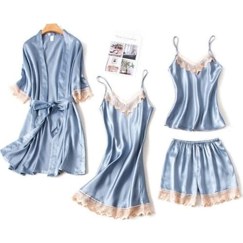 Sleepwear Womens 4 Pieces Pajama Sets Robe&Gown Sets Lace Dressing Gown Silk Satin Pyjama Femme Sexy Pijama Lounge Set