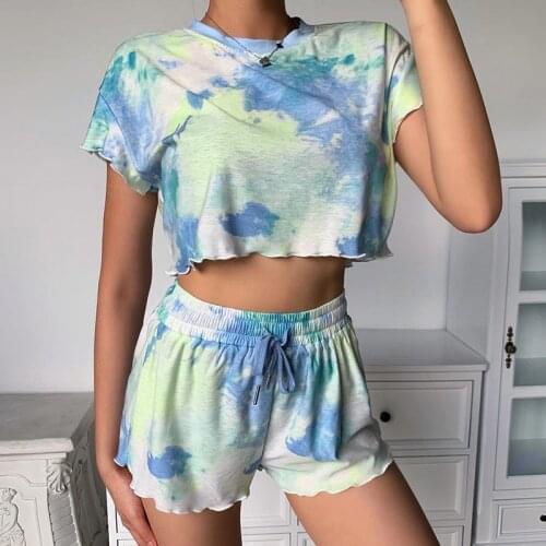 Casual Two Piece Women Sets Tracksuit Tie Dye Printed Ruffle Shorts Sleeve Shorts Loose Sleepwear Suit Matching Set Plus Size