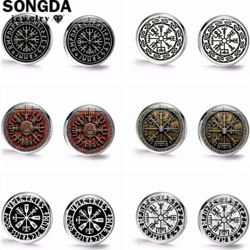 SONGDA Retro Folk-custom Viking Compass Earrings Men Women Art Photo Glass Gem Piercing Stud Earrings Punk Rune Ethnic Jewellery