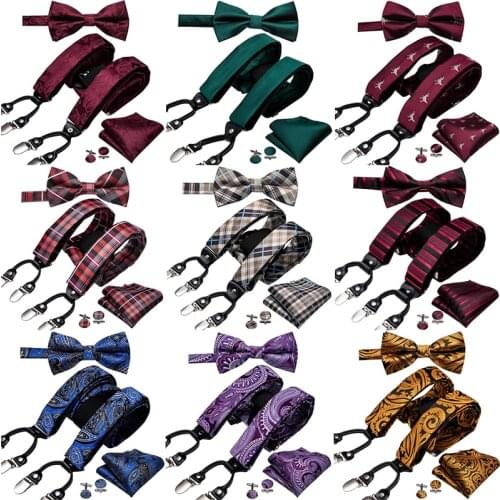 Silk Men Suspender Bowtie Set Black Plaid 6 Clips Back Belt Vintage Elastic Wedding Party Male Suspender Belt Male Barry.Wang