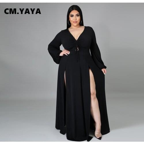 CM.YAYA Women Plus Size Dress Solid Full Lantern Sleeve V-neck Loose Split Maxi Long Dresses Sexy Fashion Party Vestidos Summer