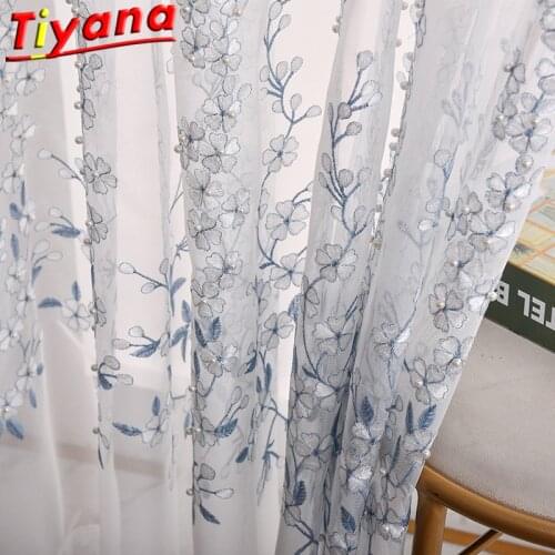 Idyllic Pearl Flowers Embroidery Tulle Curtains for Living Room White / Blue Flowers Window Drapes Yarn Balcony X-HM403#30