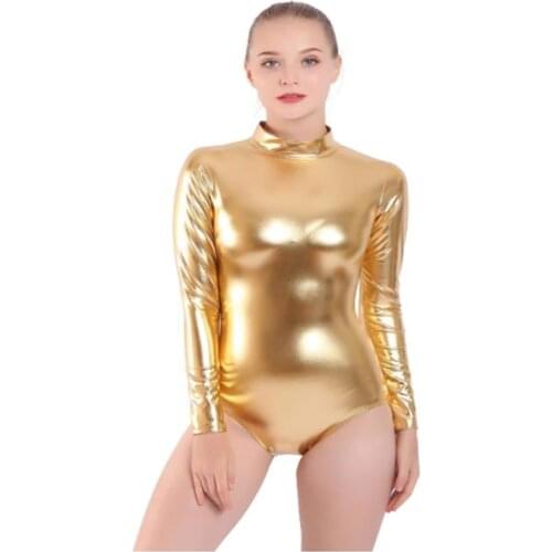 Speerise Adults Women Girls Turtleneck Zipper Back Shiny Metallic Leotard Spandex Long Sleeve One Piece Dancewear Costumes
