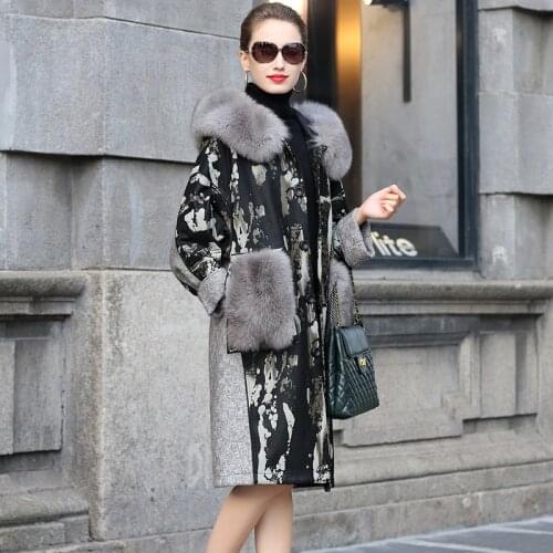 Genuine Sheepskin Womens Leather Jacket Fox Fur Collar Hooded Female Winter Coat Flower Skin Leather Jackets Veste Femme Zjt637