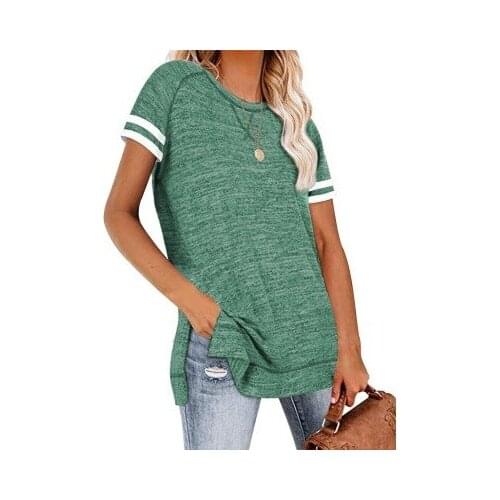 Summer Women T-Shirt New Button Crew neck Solid Casual Loose Short Sleeve Stitching Womens Street T-Shirt