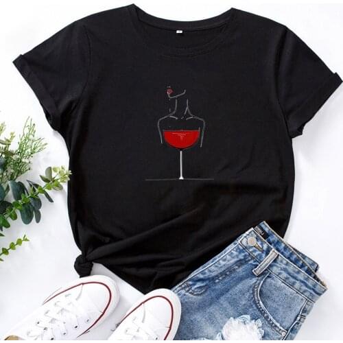 Goblet of Red Wine Women Tee Shirt Fashion Casual Short Sleeve Woman Tshirt Top O-neck T Shirts Cotton Women Loose Tshirt Femme