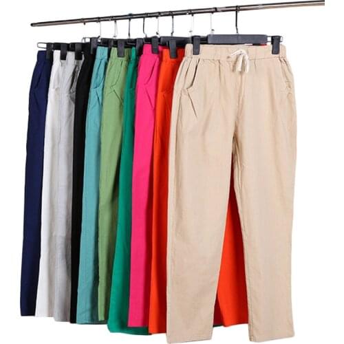 Spring Summer New Washed Cotton linen Casual Pants Women Fashion Pencil Nine points pants Womens High waist Plus size Pants F606