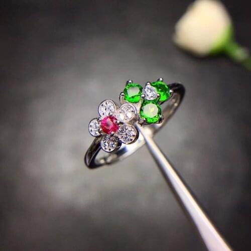 Womens Natural Diopside Flower Rings , 925 Sterling Silver, 5*5mm*3Pcs Gemstone Birthstone Jewelry Certificate and Box FJ403