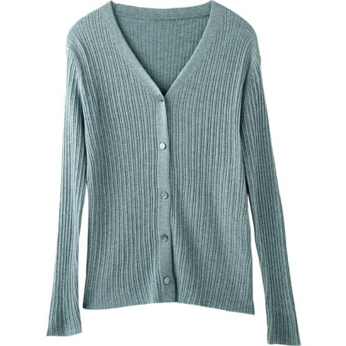Hot Sale Spring Autumn Women 100% Worsted Cashmere and Wool Female Elasticity V-Neck Cardigan Thin Knitted Cardigans New Tops