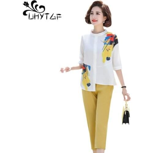 UHYTGF Womens Suit Elegant Mother Summer Clothing Fashion Female Two-Piece Sets Cotton Linen Pants 5XL Plus Size Tracksuit 2069