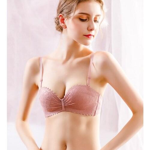 Wasteheart Women Fashion Pink Green Lingerie Lace Padded Bralette Bow Soft Trim Panties Invisible Wireless Bra Sets Underwear