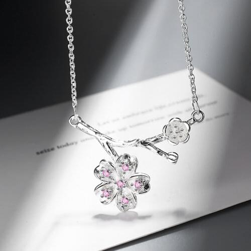 Fanqieliu 925 Sterling Silver Jewelry Flower Pendant Necklace For Women Pink Crystal Choker Necklaces Woman Fashion FQL20100