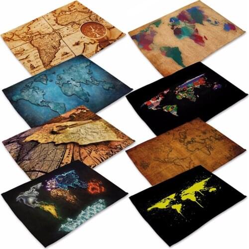 1 Pcs World Map Pattern Kitchen Placemat Dining Table Mat Tea Coaster Cotton Linen Pad Bowl Cup Mats 42*32cm Home Decor