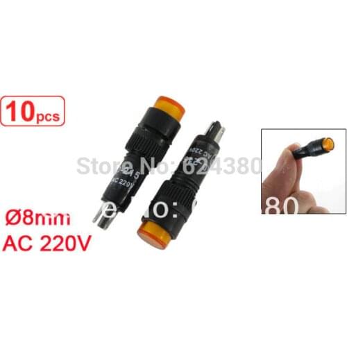 10 Pcs / Lots x AC 220V 8mm 0.31" Yellow Neon Indicator Pilot Signal Light Round Lamp NXD-215