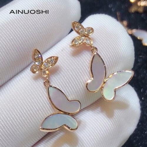 AINUOSHI 18K Gold White White fritillary Earrings,Set With 0.13ct Real Natural Diamonds,Butterfly Earrings for Women Gift