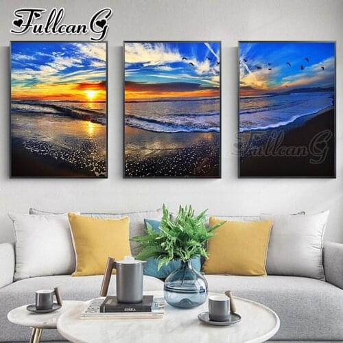 FULLCANG 5d diy diamond embroidery sale sunset blue ocean landscape painting triptych full square round drill decoration FC3537