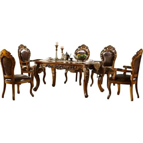Oak dining table, European style marble dining table and chair combination, retro rectangular dining room furniture
