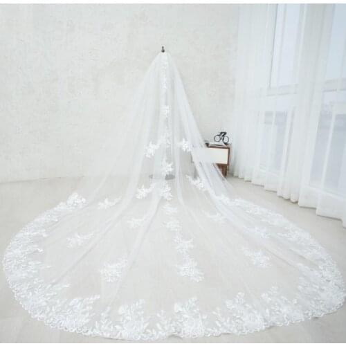 Floral Cathedral Veil Lace Trim Wedding Veil Long Bridal Veil Sequin Lace Veil Chapel Veil Celestial Wedding Veil Royal Length V