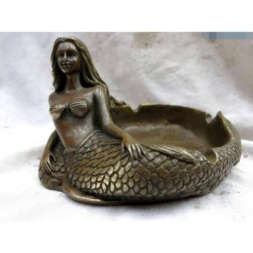 China copper brass beautiful Mermaid Ashtray NAUTICAL DECOR Decor Statue Figure gift arts crafts decoration