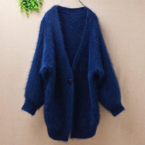 Womens top fashion winter loose sweater v-neck Lantern sleeves one button Mink Cashmere hand knit coat cardigans Lazy style