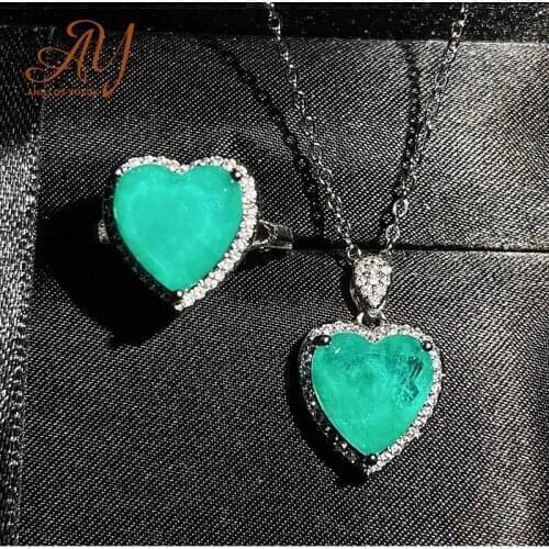 Anillos Yuzuk Vintage 100% 925 Sterling Silver Heart Paraiba Tourmaline Gemstone Pendant/Necklace/Ring Jewelry Set Drop Shipping