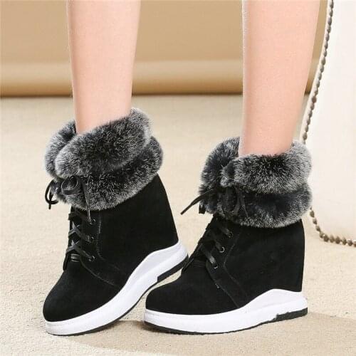 Fashion Sneakers Women Lace Up Genuine Leather Wedges High Heel Pumps Shoes Female Round Toe Winter Warm Rabbit Fur Snow Boots